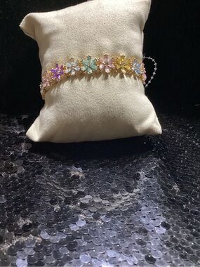 Pastel Multicolor Floral Crystal Bracelet - Gold Tone